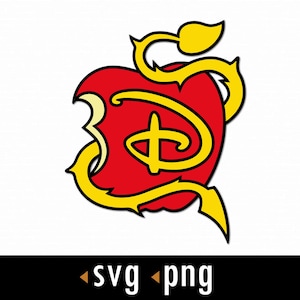 May include: A red apple with a bite taken out, featuring a yellow vine and the Disney logo. The apple design has a black outline. The bottom of the image has the text "svg png".