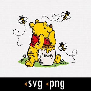 Puede incluir: Una ilustración de dibujos animados de Winnie de Pooh sosteniendo una olla de miel con la palabra "Hunny" en ella. Hay tres abejas volando a su alrededor.