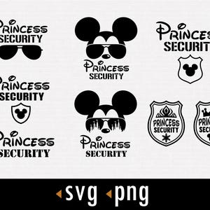 Könnte beinhalten: Schwarzweißes digitales Design mit einer Mickey Mouse-Figur, die eine Sonnenbrille trägt, mit dem Text "Princess Security", der sich über das gesamte Design wiederholt.