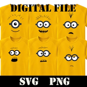 Puede incluir: Conjunto de cinco camisetas amarillas con diferentes expresiones de un personaje de minion. El texto "DIGITAL FILE" está en la parte superior de la imagen y "SVG PNG" en la parte inferior.