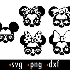 Op de afbeelding: Vier zwart-witte silhouetbeelden van Mickey Mouse en Minnie Mouse met zonnebrillen. Elk personage heeft een andere strik of hoofdband. De afbeeldingen zijn geschikt voor knutselprojecten.