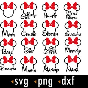 Puede incluir: Un conjunto de 12 archivos de corte digital que presentan una silueta de la cabeza de Mickey Mouse con lazos rojos y varios textos, incluyendo "Baby Girl", "Auntie", "Little Sister", "Mom", "Cousin", "Sister", "Grandma", "Baby", "Sis", "Big Sister", "Mommy", "Daughter", "Mama", "Nanny", y "Nana".
