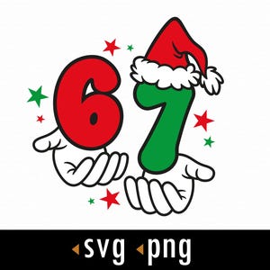 Puede incluir: Gráfico festivo con los números 6 y 7 en rojo y verde, sostenidos por manos de dibujos animados. El número 7 lleva un gorro de Papá Noel. Estrellas rojas y verdes rodean los números. La imagen incluye el texto "svg png".