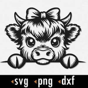 May include: Black and white illustration of a cow with a bow peeking over a surface. The cow has large eyes and a cute expression.