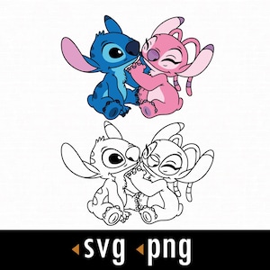 Puede incluir: Una ilustración digital con dos pares de personajes de dibujos animados. El par superior muestra un personaje azul y un personaje rosa abrazándose. El par inferior es un contorno en blanco y negro de los mismos personajes. El texto "svg png" está en la parte inferior.