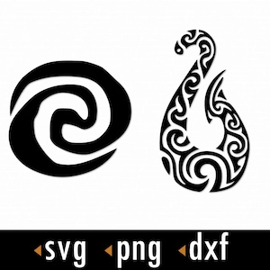 Puede incluir: Diseño gráfico en blanco y negro con dos símbolos de inspiración polinesia. Uno es una espiral, el otro un anzuelo estilizado. La parte inferior de la imagen muestra el texto "svg png dxf".