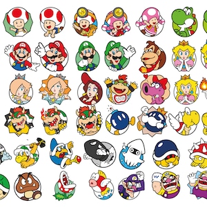 Puede incluir: Una colección de ilustraciones de personajes de dibujos animados circulares y coloridos de la serie de videojuegos Super Mario. Los personajes incluyen a Mario, Luigi, la Princesa Peach, Yoshi y Bowser, cada uno sobre un fondo blanco.