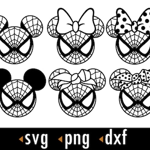 Op de afbeelding: Zes zwart-witte SVG-snijbestanden van een Spider-Man-personage met verschillende stijlen Mickey Mouse-oren. De oren zijn versierd met strikken en stippen.