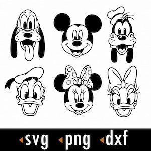 Puede incluir: Ilustración en blanco y negro de seis caras de personajes de dibujos animados: Pluto, Mickey Mouse, Goofy, Pato Donald, Minnie Mouse y Daisy Duck. La imagen incluye el texto "svg png dxf".