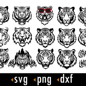 Puede incluir: Una colección de ilustraciones de cabezas de tigre en blanco y negro en varias poses, incluyendo una con gafas de sol. La imagen incluye el texto "svg png dxf" en la esquina inferior, indicando formatos de archivo.