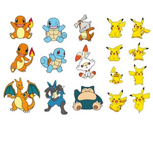 Puede incluir: Una colección de personajes de dibujos animados de Pokémon coloridos, incluyendo Pikachu, Charmander, Squirtle, Bulbasaur, y más. Los personajes están dispuestos en filas y columnas sobre un fondo blanco.