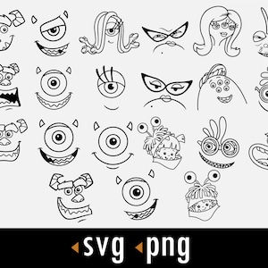 Puede incluir: Ilustraciones en blanco y negro de varios rostros de monstruos, incluyendo un monstruo tuerto, un monstruo con tres ojos, un monstruo con un solo ojo y una boca, y un monstruo con un solo ojo y la lengua fuera.
