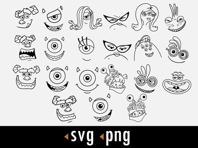 Puede incluir: Ilustraciones en blanco y negro de varios rostros de monstruos, incluyendo un monstruo tuerto, un monstruo con tres ojos, un monstruo con un solo ojo y una boca, y un monstruo con un solo ojo y la lengua fuera.