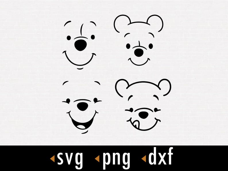 May include: Four black and white line drawings of Winnie the Pooh's face. The first two drawings show Pooh with a smile, the third shows Pooh with a closed mouth, and the fourth shows Pooh with his tongue sticking out.