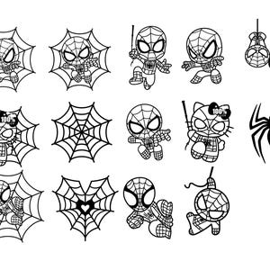 May include: A collection of black and white illustrations featuring Spider-Man and spider web designs. The images include Spider-Man in various poses, spider webs, and a Spider-Man-themed Hello Kitty character. Some images include the text "100% Quality."