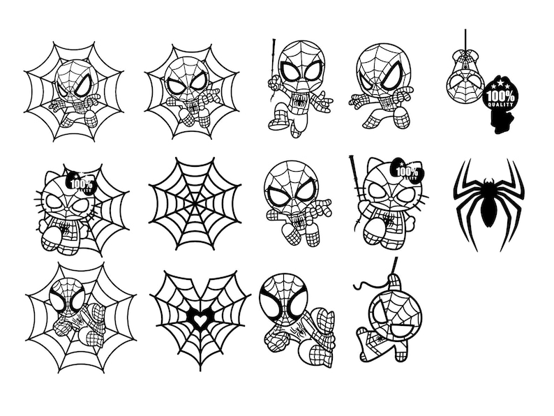 May include: A collection of black and white illustrations featuring Spider-Man and spider web designs. The images include Spider-Man in various poses, spider webs, and a Spider-Man-themed Hello Kitty character. Some images include the text "100% Quality."