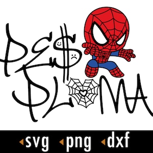 Puede incluir: Diseño gráfico en blanco y negro con el texto "Pe$o$ Pl@MA" y una imagen de dibujos animados de Spiderman en rojo y azul.