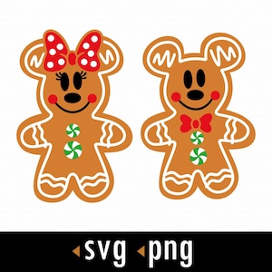 Puede incluir: Dos figuras de galletas de jengibre con forma de ratón. Una tiene un lazo rojo con lunares blancos, la otra una pajarita roja. Ambos tienen ojos negros, mejillas rojas y botones de caramelo verdes y blancos. Las galletas están delineadas en blanco.