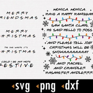 Puede incluir: Un diseño digital con un diseño navideño de Friends con el texto "MERRY FRIENDSMAS", "MERRY CHRISTMAS", "THE ONE WHERE IT'S CHRISTMAS", "COULD I BE ANY MORE FESTIVE", "MONICA, MONICA. HAVE A HAPPY HANUKKAH", "SAW SANTA CLAUS, HE SAID HELLO TO ROSS", "AND PLEASE TELL JOEY CHRISTMAS WILL BE SNOWAAAAAAAAY", "AND RACHEL AND CHANDLER HASAHERER ANDLERRR!" y una cadena de luces navideñas.