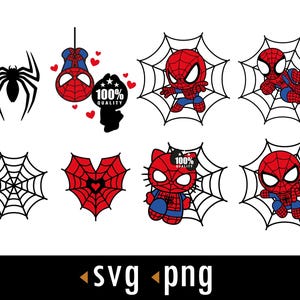 Puede incluir: Una colección de gráficos temáticos de Spider-Man en rojo, azul y negro. Incluye telarañas, una silueta de araña y varias ilustraciones de personajes de Spider-Man. También está presente el texto "100% QUALITY".