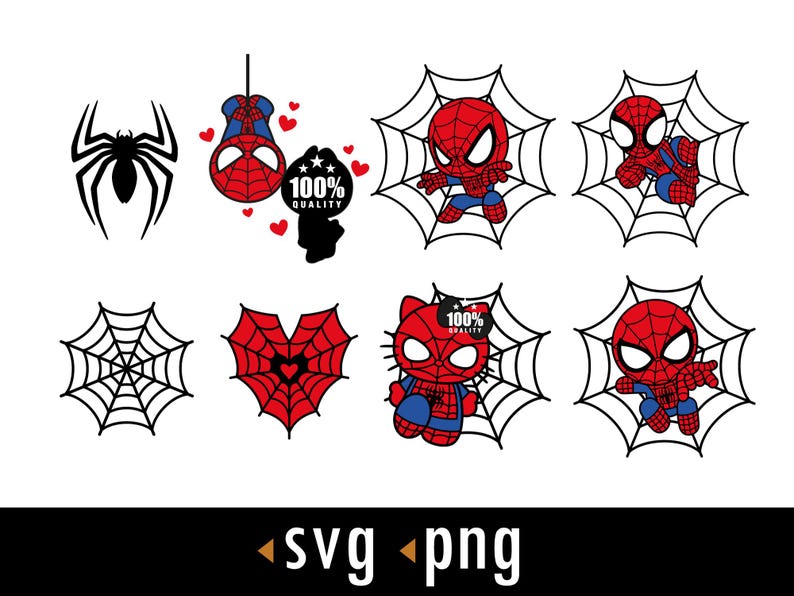 May include: A collection of Spider-Man themed graphics in red, blue, and black. Includes spider webs, a spider silhouette, and various Spider-Man character illustrations. The text "100% QUALITY" is also present.