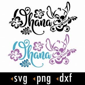 Puede incluir: Un gráfico digital con la palabra "Ohana" en dos combinaciones de colores. El diseño superior es en blanco y negro, con acentos florales y un personaje de dibujos animados tocando la guitarra. El diseño inferior es azul y morado, con el mismo personaje y elementos florales.