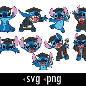 May include: A set of nine blue Stitch characters wearing graduation caps and gowns. Some characters are holding diplomas. The characters are in various poses, including standing, sitting, and holding a diploma.