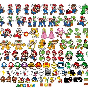 Puede incluir: Una colección de personajes de dibujos animados coloridos y elementos de la serie de videojuegos Super Mario. La imagen incluye a Mario, Luigi, Yoshi, la Princesa Peach, Bowser y varios potenciadores y obstáculos. El texto "ABC 123" está en la parte inferior.