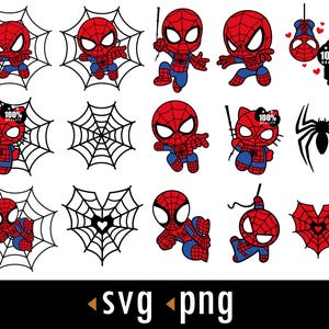 May include: A collection of red, blue, and black Spider-Man themed graphics. The images include Spider-Man characters in various poses, spiderwebs, and a spider silhouette. The text "100% Quality" is also present.