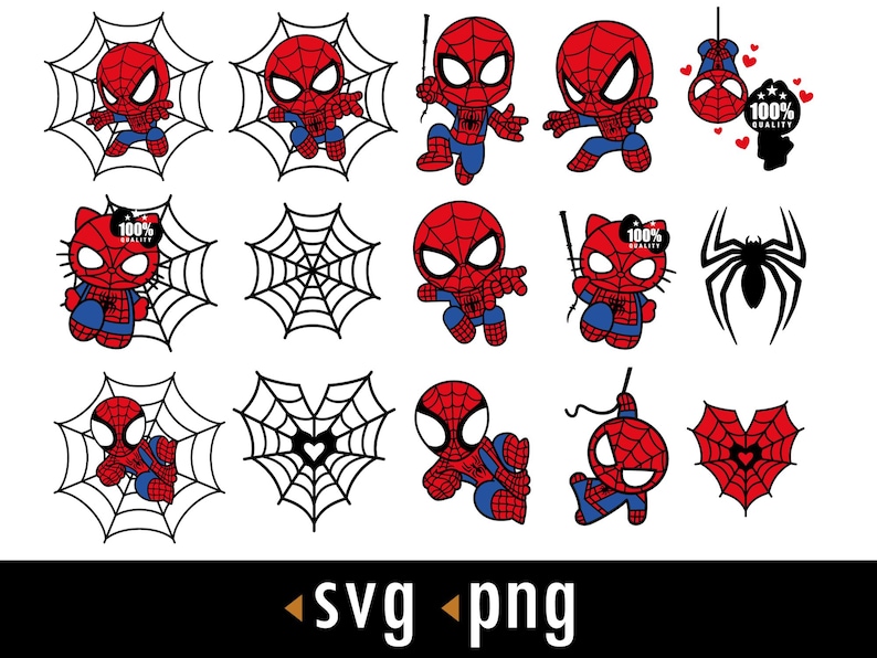 May include: A collection of red, blue, and black Spider-Man themed graphics. The images include Spider-Man characters in various poses, spiderwebs, and a spider silhouette. The text "100% Quality" is also present.