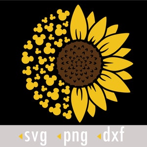 May include: A yellow sunflower with a brown center. The sunflower petals are made up of multiple Mickey Mouse heads.