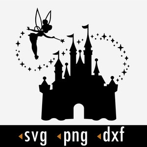 Puede incluir: Silueta negra de un hada volando sobre un castillo con estrellas a su alrededor.