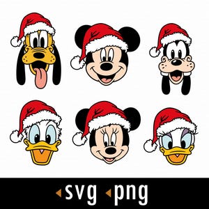 Könnte beinhalten: Sechs Gesichter von Zeichentrickfiguren, darunter Micky Maus, Minnie Maus, Donald Duck, Daisy Duck, Goofy und Pluto, die jeweils einen roten Weihnachtsmannhut mit weißem Rand tragen. Das Bild hat unten den Text "svg png".