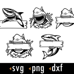 Puede incluir: Cuatro ilustraciones en blanco y negro de tiburones con la boca abierta sosteniendo pancartas en blanco. Los tiburones están en varias poses, algunos con olas y algas a su alrededor.