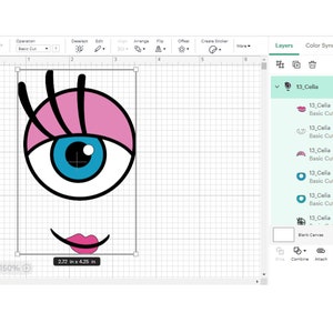 Puede incluir: Un dise&ntilde;o digital de un ojo de dibujos animados con pesta&ntilde;as rosas, un iris azul y un p&aacute;rpado rosa y blanco. El ojo mira hacia la derecha. Debajo del ojo hay una boca rosa sonriente.
