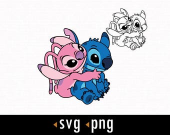 May include: A digital illustration of the characters Stitch and Angel from the animated film Lilo & Stitch. Stitch, in blue, hugs Angel, who is pink. A black and white outline of the pair is in the background. The bottom of the image has the text "svg png".