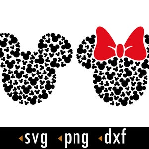 Puede incluir: Silueta negra de las cabezas de Mickey Mouse y Minnie Mouse formadas por cabezas más pequeñas de Mickey Mouse. Minnie Mouse tiene un lazo rojo.