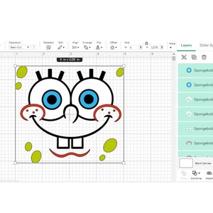 May include: A digital design of Spongebob Squarepants' face, featuring a yellow square with a smiling face, blue eyes, and red freckles. The design is 4 inches wide and 3.58 inches high, displayed on a computer screen with design software interface.