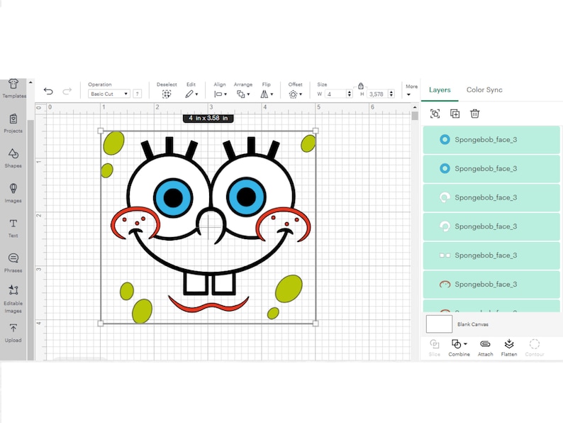 May include: A digital design of Spongebob Squarepants' face, featuring a yellow square with a smiling face, blue eyes, and red freckles. The design is 4 inches wide and 3.58 inches high, displayed on a computer screen with design software interface.