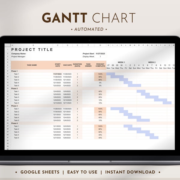 Gantt-Diagramm Google Sheets, Projektverfolgungs-Vorlage, Projektmanagement, Aufgaben-Tracker-Kalkulationstabelle, Projektzeitplan