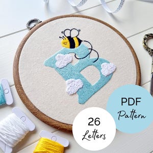 Patrón de bordado a mano con el alfabeto de abejas para letras de la A a la Z, descarga digital en PDF, incluye plantillas e instrucciones, regalo para recién nacido