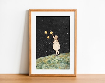 Counting Stars Art Print: Retro Space Collage, Eclectic Home Decor