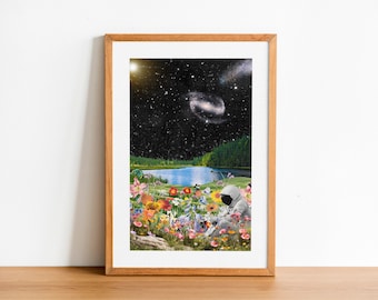 Retro Space Collage Art Print: Surreal Sci-Fi Home Decor