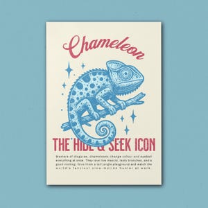 Può includere: Un poster color crema con un'illustrazione blu di un camaleonte su un ramo. La parola "Chameleon" è in corsivo rosso sopra l'immagine. Sotto l'immagine, il testo recita "THE HIDE & SEEK ICON".