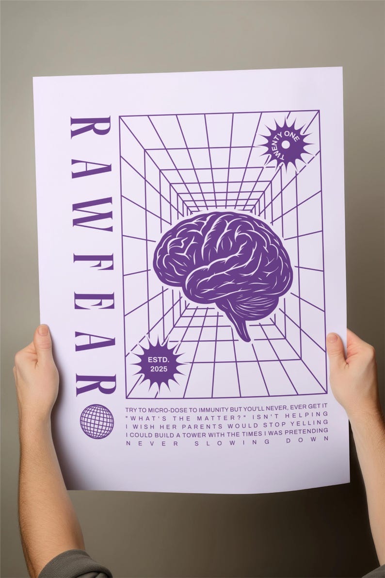 May include: A purple and white poster with the text "RAW FEAR" vertically on the left side. The poster features a purple brain graphic, a grid pattern, and the text "ESTD 2025". Additional text is at the bottom.