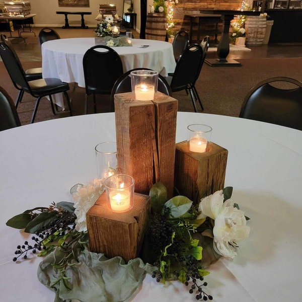 Reclaimed Wood Candle Centerpiece with Tea Lights in Tea Glasses