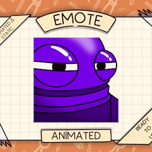 May include: Animated purple emote with large eyes and a serious expression. The emote is labeled "EMOTE" and "ANIMATED".
