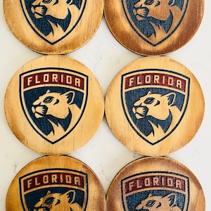 Laser engraved Wood Florida Panthers Hockey Coaster Set with Holder