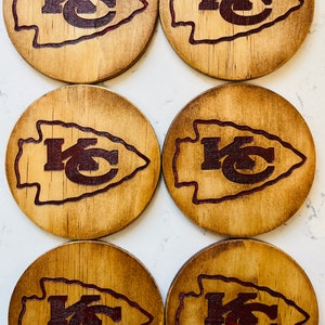 Laser Engraved Wood Kansas City Chiefs Football Coaster Set