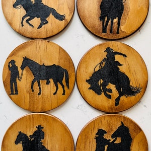 Laser Engraved Wood Cowboy/Rodeo Western Coaster Set